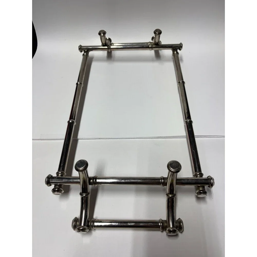 Vintage Hollywood Regency Faux Bamboo Silver Tone Serving Platter Plate Stand